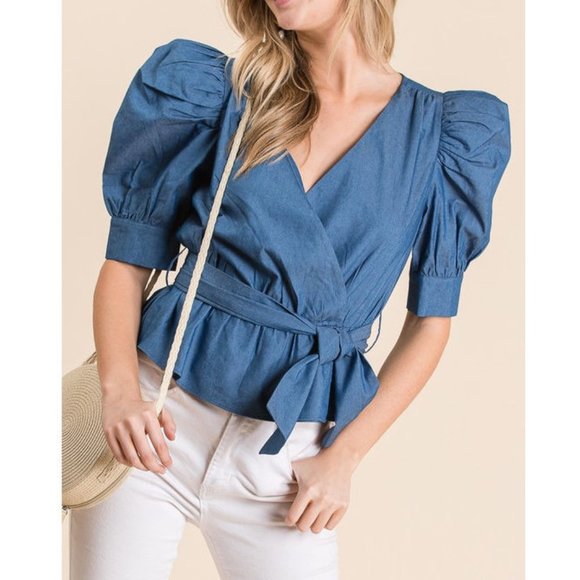 Chambray Denim Puff Sleeve Faux Wrap Top Shirt - Picture 2 of 7